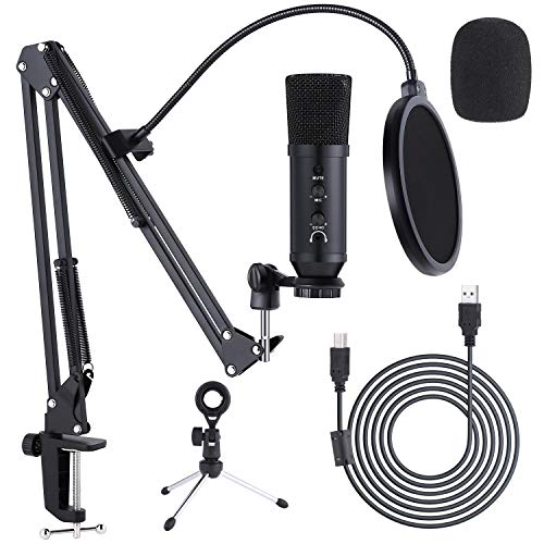 USB Plug and Play Computer Mic, Ohuhu Condenser USB Microphone Kit, One-Key Mute Function, Professional Computer Gaming Mic Kit with Scissor Boom Arm Stand, Pop Filter for Streaming Podcast, YouTube