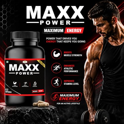 Image of Maxx Power Herbal Capsules for Men with Ashwagandha, Shilajit, Kaunch Beej & Safed Musli | Supports Energy, Strength, Stamina & Men's Wellness | Daily Herbal Supplement | 60 Veg Capsules