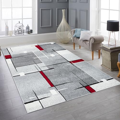 Teppich-Traum Tapis de Chambre d'amis Salon Facile d'entretien Motif à Rayures dans des Tons Rouges et Gris discrets 160 x 220 cm