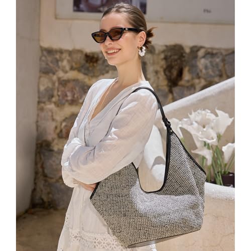 Bolso Hobo tejido para mujer con cierre seguro negro y blanco miniatura 2