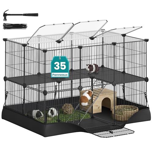 SONGMICS Enclos pour Petits Animaux à 2 Niveaux, Parc Enclos, Tapis Imperméable, Double Porte, pour Lapins, Cochons d’Inde, 35 Panneaux, 93 x 63 x 61,5 cm, Noir...