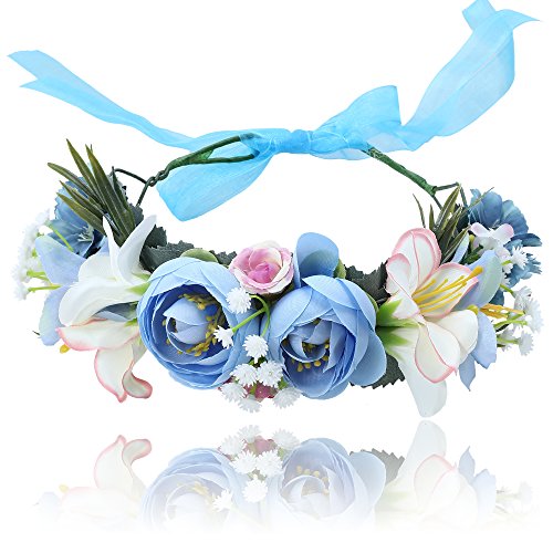 Damen Mädchen Blume Stirnbänder Krone - Handarbeit Blume Haarkranz Girlande mit Schleife für Festival Hochzeitsfeie （Blau + Weiß）