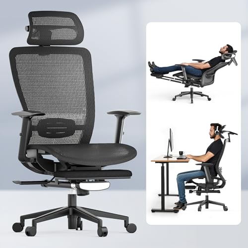 Image of FLEXISPOT Ergonomic Office Chair with Footrest, Mesh High Back Computer Chair, Home Office Desk Chairs, with Adjustable Lumbar Support /2D Headrest /Reliable Base, Breathable Mesh Seat, Black, OC3 AIR-F
