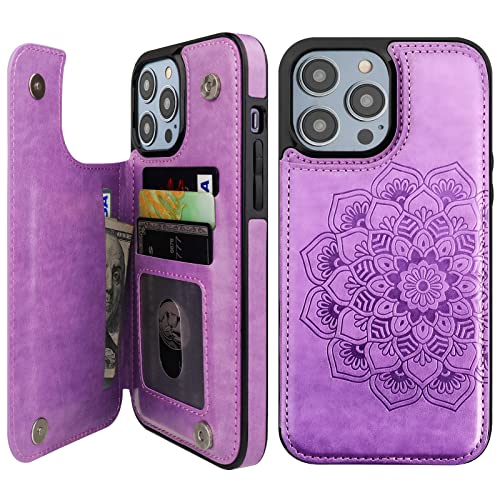 Vaburs Compatible with iPhone 14 Pro Max Case Wallet with Card Holder, Embossed Mandala Pattern Flower PU Leather Double Buttons Flip Shockproof Cover for Magnetic Car Mount 6.7 Inch (Purple)