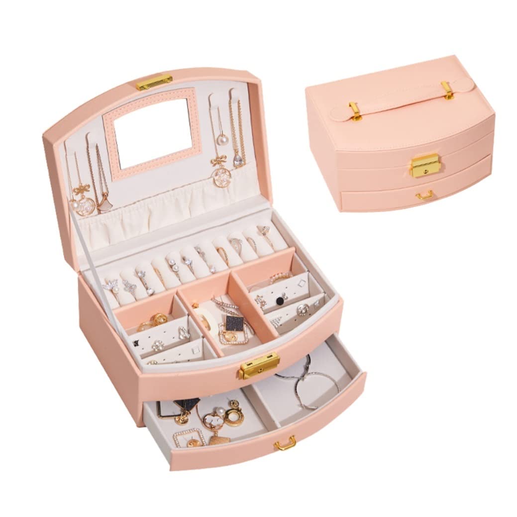 CVdrtyED Box For Women Large Capacity Earrings Storage Jewelry Box Double-Layer Lock Jewellery(Pink)