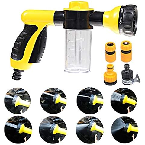 Garden Foam Water Sprayer, 8 Adjustable Patterns Heavy Duty Hose Nozzle Sprayer Gun, Comfort Rubber Grip High Pressure Flow Control Gardening Tool, for Watering Lawn Car Washing Pet Showering (yellow) Cover