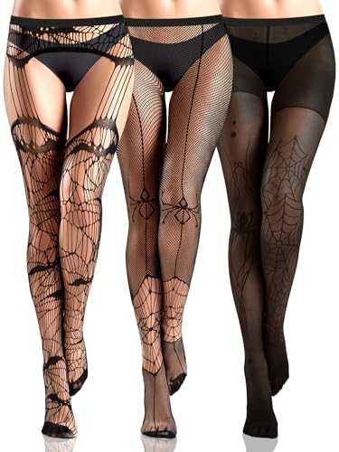 3 Pairs Halloween Fishnet Stockings for Women Black Lace Patterned Tights High Waist Stockings Hole Pantyhose