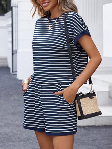 Image of Tankaneo Womens Summer 2 Piece Sets Striped Short Sleeve T Shirts and Shorts Loungewear Matching Set