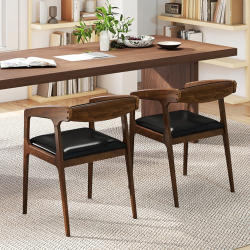 Image of COSTWAY Dining Chairs with Arms Set of 4, Mid Century Modern Wooden Accent Chairs with Faux Leather Seat & Padded Backrest, Kitchen Side Armchairs for Living Dining Reading Room, Brown & Black