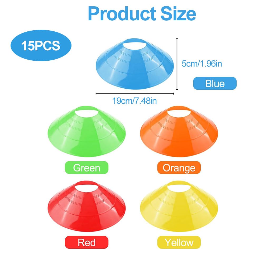 Plot Sport - Lot de 15 Cônes d'Entraînement en PE Souple - 5 Couleurs Vives - pour Football, Rugby, Fitness et Entraînement - 2