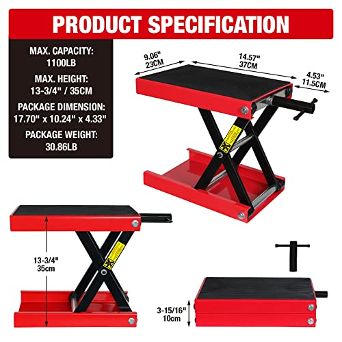 Image of Big RED ATRM01101R Torin Portable Steel Motorcycle Lift Scissor Jack: Wide Deck Hoist Stand for ATV, UTV Snowmobile Maintenance, Capacity 1100lb, 1100LBS