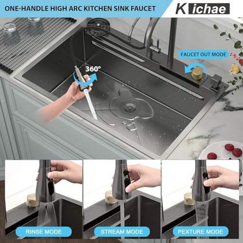 Image of Kichae 36 Black Kitchen Sink Drop In Waterfall Stainless Steel 16 Gauge