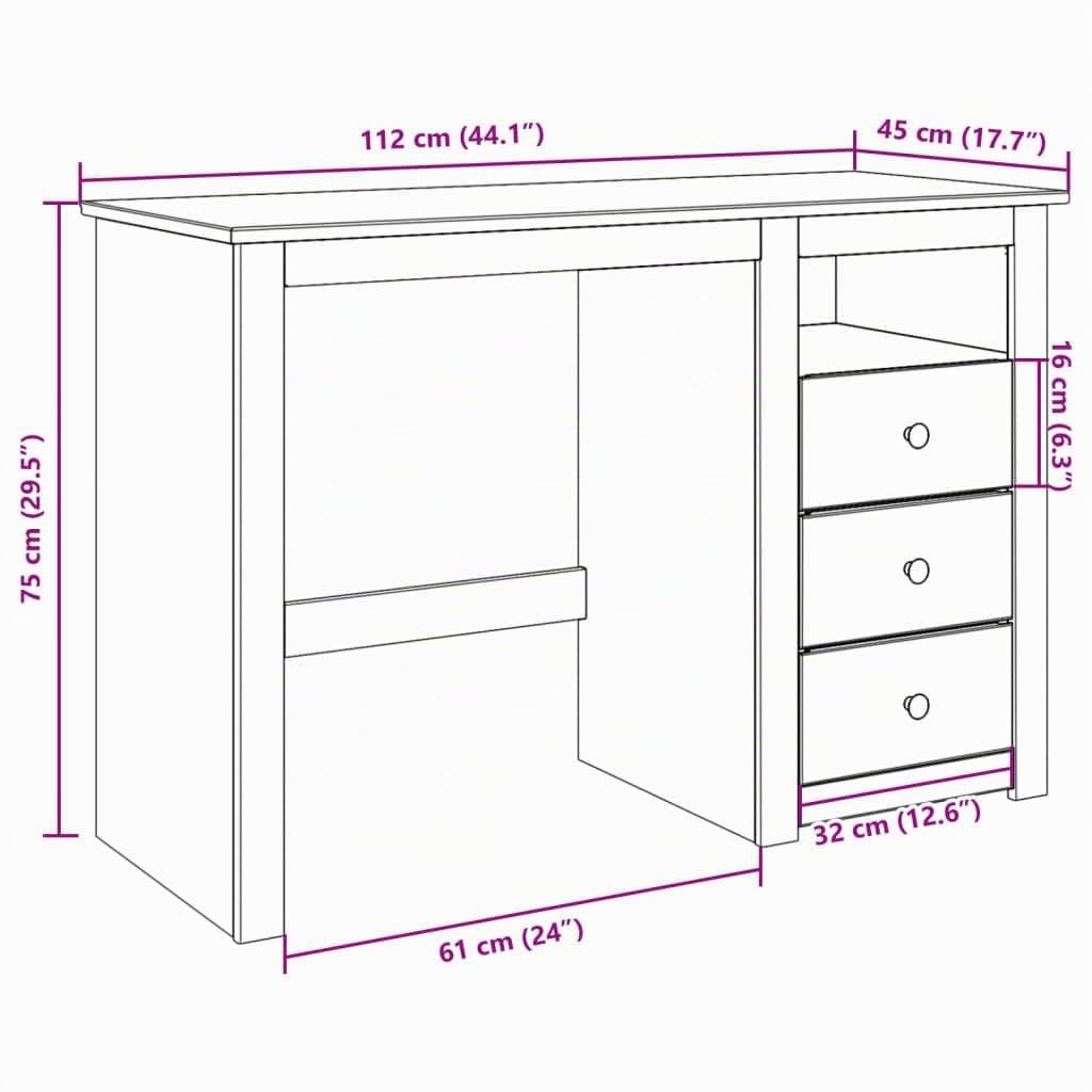 vidaXL Escritorio Panama Madera Maciza de Pino 112x45x75 cm, Escritorio de Oficina, Escritorio de Estudio, Escritorio de Trabajo, Mesa de Estudio