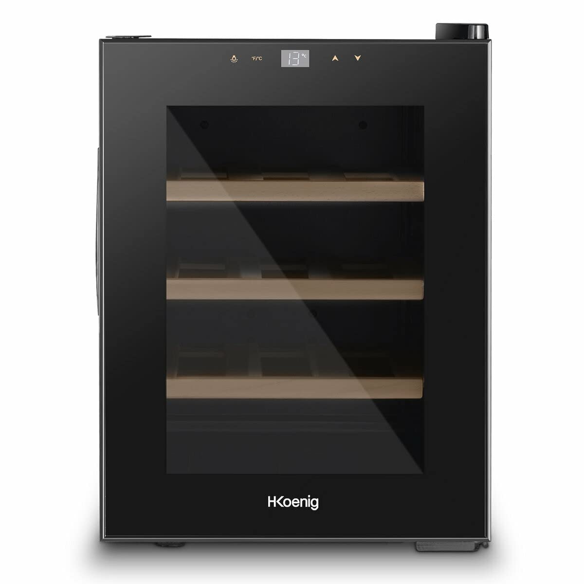 H.​Koenig Cave à Vin de Conservation 12 bouteilles AGE12, 31 L, Professionnelle Inox, Réfrigérante, Thermoélectrique, Réglable de 11°C à 18°C, Silencieuse, Eclairage intérieur, 3 Etagères, Noir