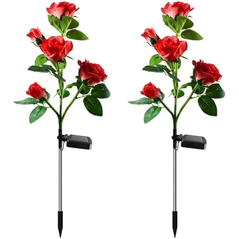 Aolyty LED Solar Rose Lights, 2Packs Waterproof Flower Lights Rose Flower Stake Lamp Outdoor Garden Lights Decorative Artificial Ornaments Night Light for Patio Pathway Backyard (Red) Cover
