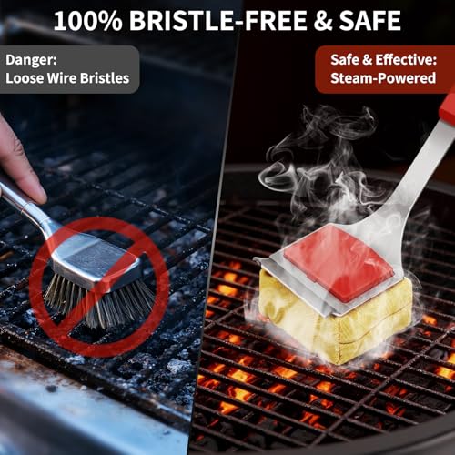 FLYSH Grill Brush Bristle Free, Grill Cleaning Brush with Scraper & Steam, 3-in-1 Set 2 Replaceable Heads for Outdoor Grill, Safe BBQ Grill Cleaner Brush for Cast Iron, Stainless Steel Grates&More — view 2