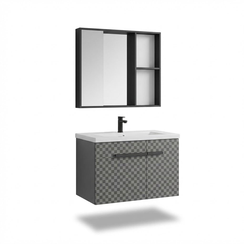 FUTURE HOME Mobile bagno sospeso 80 cm con lavabo in ceramica e specchio contenitore