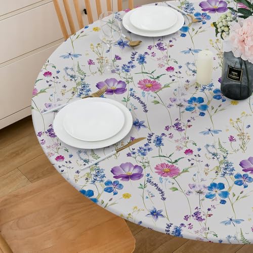 REDAMANCY Watercolor Purple Blue Wildflower Round Fitted Tablecloth with Elastic Edge Waterproof Oil Proof Table Cover Cloth Round Tables for Dinner, Outdoor, Picnic(Fitted to 45"-56" Diameter) by REDAMANCY - Used condition - Image 2