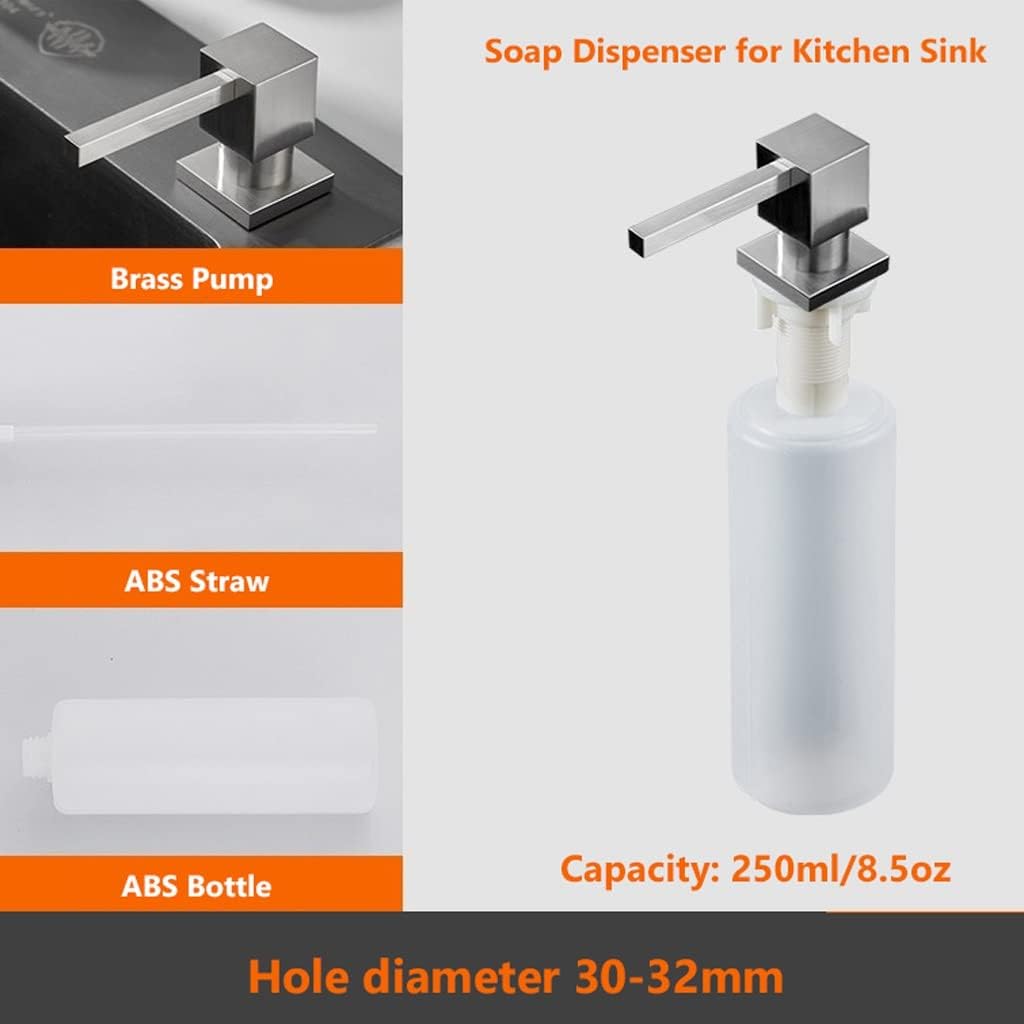 Dispenser Pump Built in Sink Brass Soap Dispenser for Kitchen Sink Soap Dispensers with 250ml/8.5oz ABS Soap Bottle, Brushed Nickel Pump Lotion Dispenser