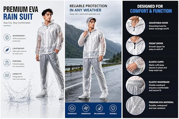 Image of Krystle Men's PVC Rainsuit with Hoods and Side Pocket, 100% Waterproof Portable Rainwear (Multicolor,Multisize)