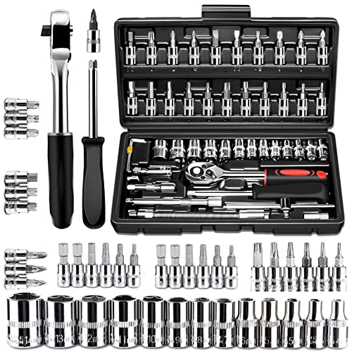 Quicknik Tool Kit 46-Piece 1/4-inch Screwdriver Drive Socket Wrench Set Ratchet Mechanic Tools Kit Bit Sockets with Extension Bar for Automotive Repair& Household, Metric with Storage Case For Travel