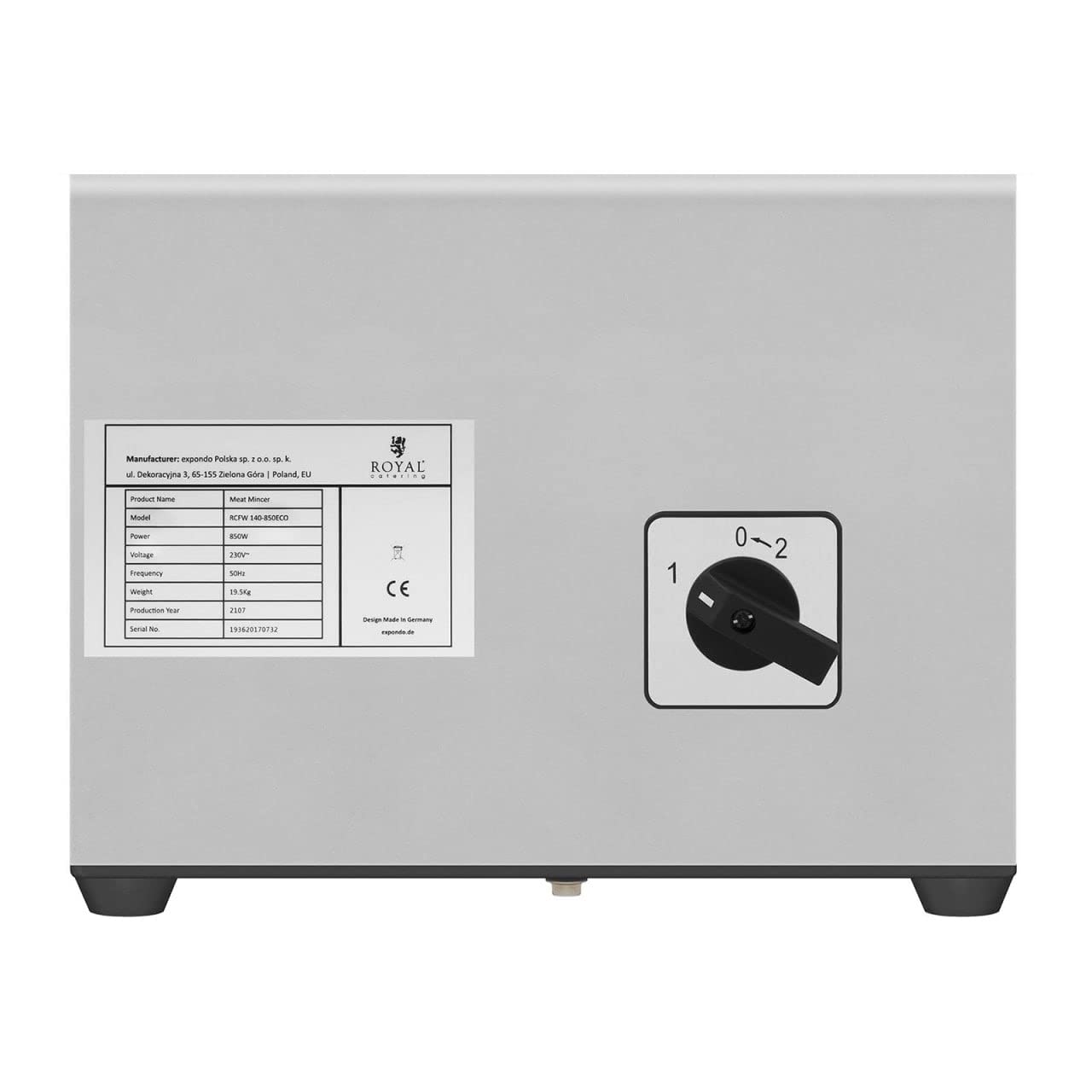 Royal Catering RCFW 140-850ECO Tritacarne Elettrico Professionale Macina Carne Elettrico in Acciaio Inox (140 kg/h, 850 W, Rotazione in Senso Inverso, Dimensione Fori 6/8 mm) ECO