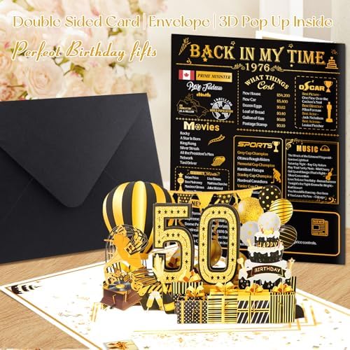 50th Birthday Cards for Women Men, 3D Pop Up 50th Birthday Decorations for Mom Dad, Funny 50 Year Old Birthday Gifts Ideas for Husband Wife Parents Him Her Friend sisters, Jumbo Back In 1976 - View 8