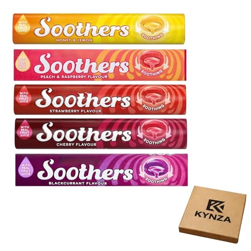 Image of Soothers Variety Pack 5 x 45g | Honey Lemon, Blackcurrant, Cherry, Strawberry, Peach & Raspberry | Soothing Cough Sweets | Individually Wrapped Throat Lozenges | KYNZA Kraft Box