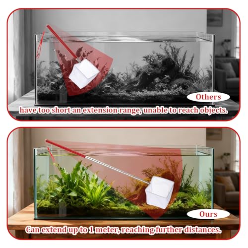 3 Inch Aquarium Net, Fish Net for Fish Tank with 8.6\" to 39\" Long Extendable Stainless Steel Handle Red Small Square Fine Mesh Shrimp Nets Pond Food Residue Debris Skimming Tool for Fishes Shrimp