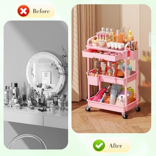 Image of SUNALLY Makeup Cart Organizer with Drawer, 3 Tier Rolling Makeup Cart, Pink
