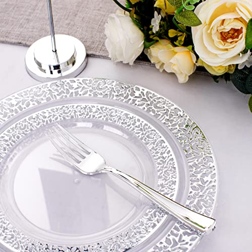 I00000 Silver Plastic Plates & Silverware & Cups, 150 Pcs Clear Lace Design Dinnerware Set Includes 25 Dinner Plates, 25 Dessert Plates, 25 Tumblers, 25 Forks, 25 Knives, 25 Spoons #TOP4