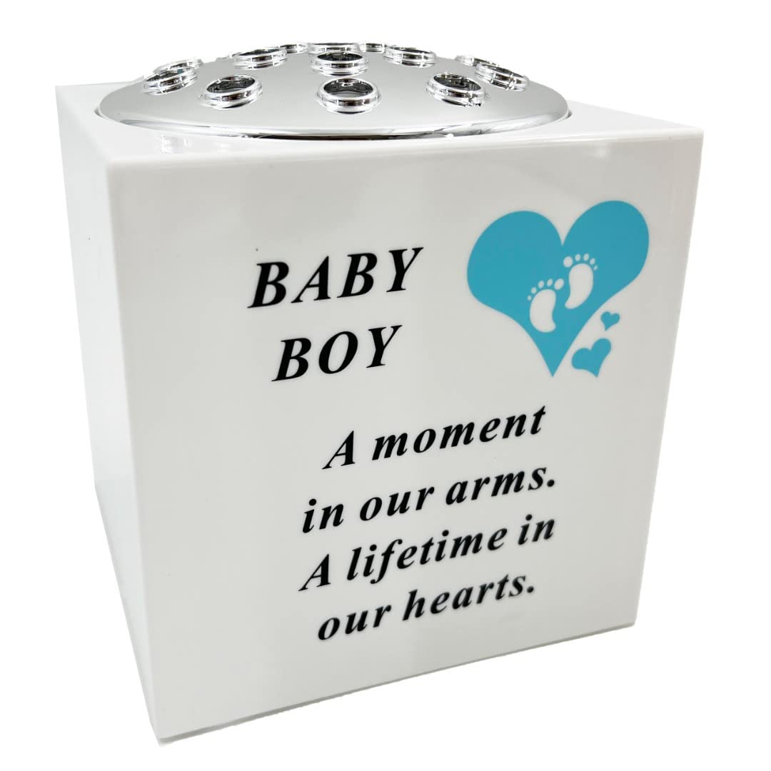 Angraves Born Sleeping Blue Little Boy Baby Memorial Graveside Flower Vase Container White and Silver