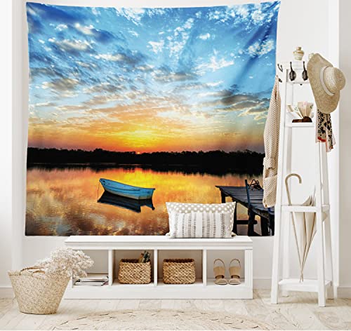 Ambesonne Nautical Tapestry, Little Fishing Boat On Pond Tranquil Sunrise Water Reflection Picture, Wall Hanging For Bedroom Living Room Dorm Decor, 60" X 80", Sky Blue Yellow Black #TOP9