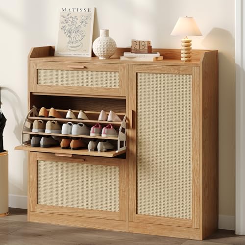 Meuble Chaussures avec 1 Tiroir, 2 Abattants, Armoire Chaussures à 3 Compartiments avec Étagère Réglable, pour 12-15 Paires, Meuble à Chaussure pour...