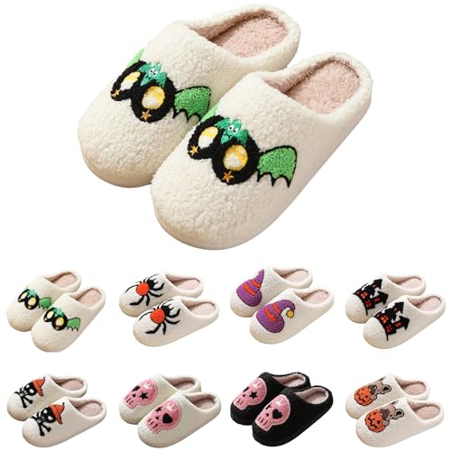 Slippers For Women Cute Women's Men's Halloween Pumpkin Bear Cat Slipper Retro Memory Foam House Slides Soft Plush Winter Warm Anti-Slip Home Shoes