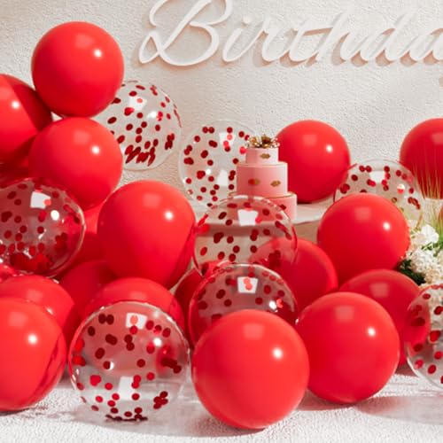 Suwen Rouge Ballons et Confettis Ballons Lot de 47PCS 10 Pouce Latex Baudruche Hélium Rouge Ballon Gonflable pour Décoration Fête Anniversaire Mariage Saint...