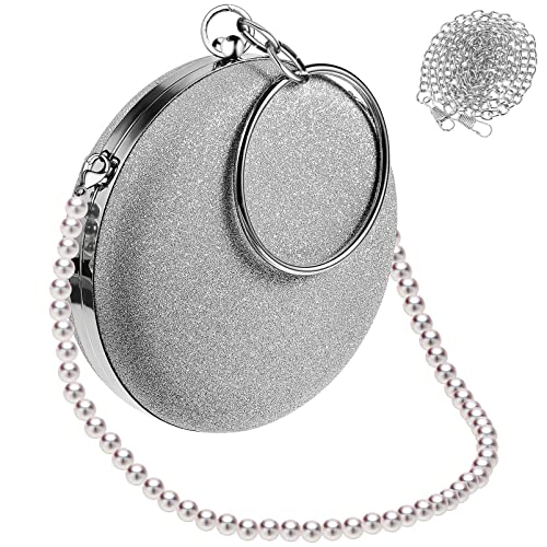 Pochette ronde de soirée argentée avec chaîne amovible et bracelet chic