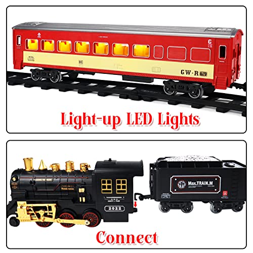 Image of aotipol Electric Toy Train Set Including Passenger Coach with Lights, Steam Locomotive with Realistic Sounds & Headlight, Coal Car - Christmas Train Sets Under the Tree, Gift for Kids Black