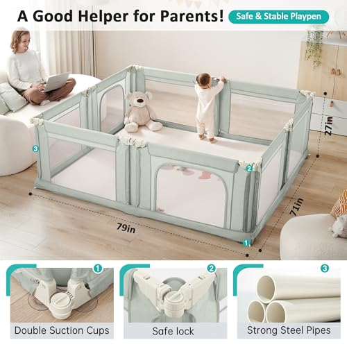 Image of Doradotey Adjustable Baby Playpen with Adult Door, Foldable Large Playpen for Babies and Toddlers, Breathable Mesh Indoor Baby Playard, Safe Fence, 79 x 71 Inch, Green