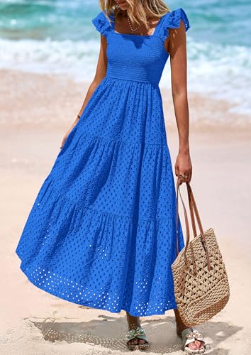 Image of PRETTYGARDEN Womens Summer Square Neck Maxi Dresses Cap Sleeve Eyelet Smocked Tiered A Line Flowy Long Dress with Pockets