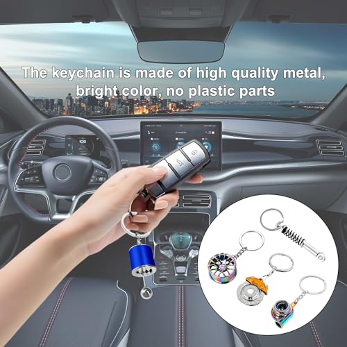 Image of KVAEY 5 PCS Car Parts Model Key Chains, Metal Turbo Keychain Set, Trendy Shock-Absorbent Car Parts Key Chain for Men Women (Yellow+Blue)