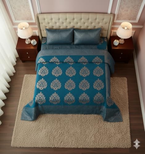 Image of Fresh from Loom Chenille 500 TC Double Bedsheet, Dimas Print Design with 2 Pillow Covers, Bedsheet Set for Bedroom Styling, Soft Touch Breathable Beddin 90x100 Inches | Jhumka Sky Blue | Chenille