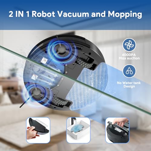 Robot Vacuum and Mop, Gyro Navigation, 2.75" Ultra-Slim Design with 4000Pa Suction, Smart Mapping, Self-Charging, APP & Voice Control, 550ml Dustbin for Pet Hair, Under Furniture, Hard Floors & Carpet - Image 3