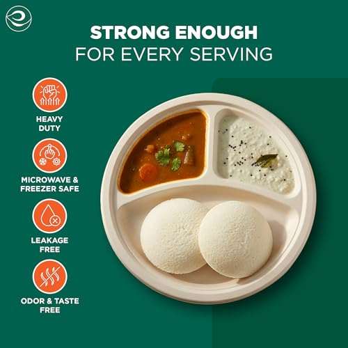 Image of Eco Soul | Round 3 Compartment Bagasse Plates | 10 Inch - Pack of 50 | Disposable Plates Big Size | Beige Eco-Friendly Compostable Sugarcane Plates | Sturdy, Heat-Safe & Plastic-Free Tableware