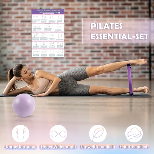 Pilates Set für Zuhause, Pilates Ring und Ball Set mit 12\/30 cm Yoga Circle, Miniball, 3 Fitnessbänders, Trainingsposter & Tragbare Tasche, Pilates Kit für Homeworkout Equipment Frauen, Workout