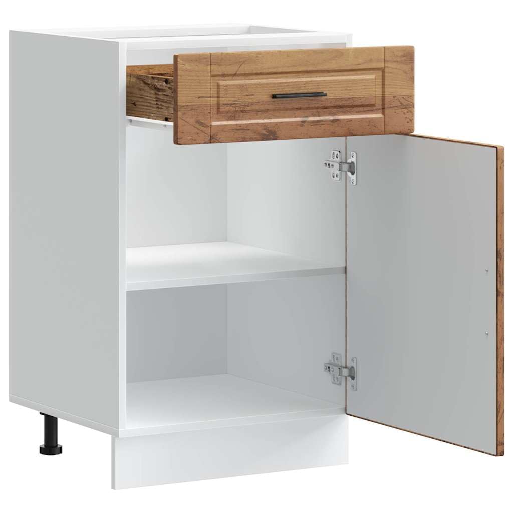 Porto - Mobiletto da cucina effetto legno anticato con vano portaoggetti, piedini regolabili, cassetto e porta, autoportante, salvaspazio, per cucina, sala da pranzo, dispensa e forno a