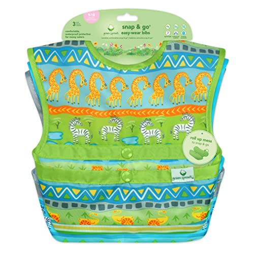 green sprouts Snap and Go Easy-wear Bibs for Baby and Toddler (3 pk) Comfortable, Waterproof Protection for Messy Eaters Flipped Pocket Easily Catch Spills, Easy Clean , 9-18 Month
