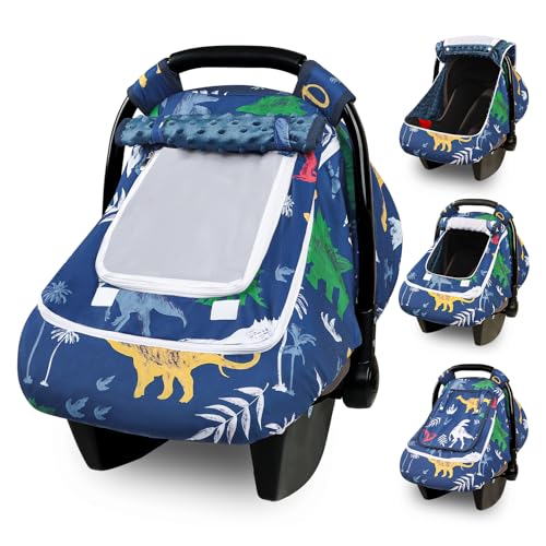 Image of Hooyax Baby Car Seat Cover with Dual Zipper, Extra Large Mesh Window Carseat Canopy, All-Season Weather Protection for Infant Car Seats & Strollers (Dinosaur)