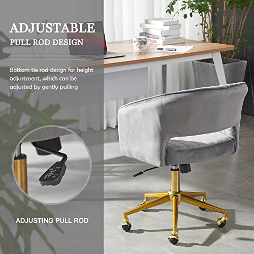 Qtivii Velvet Home, Adjustable Swivel Office Chair With Gold Base, Home Office Desk Chair For Living Room, Bedroom, Vanity, Study (Grey) #TOP3