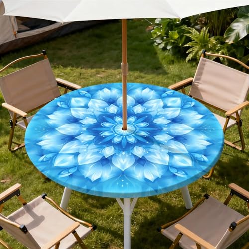 Round Outdoor Tablecloth with Umbrella Hole, Zippered Fitted Waterproof Tablecover with Elastic Edge Fits 53"-60" Round Tables for Patio Picnic Garden Camping Party, Blue Mandala Pattern by Generic - Used condition - US$23.53